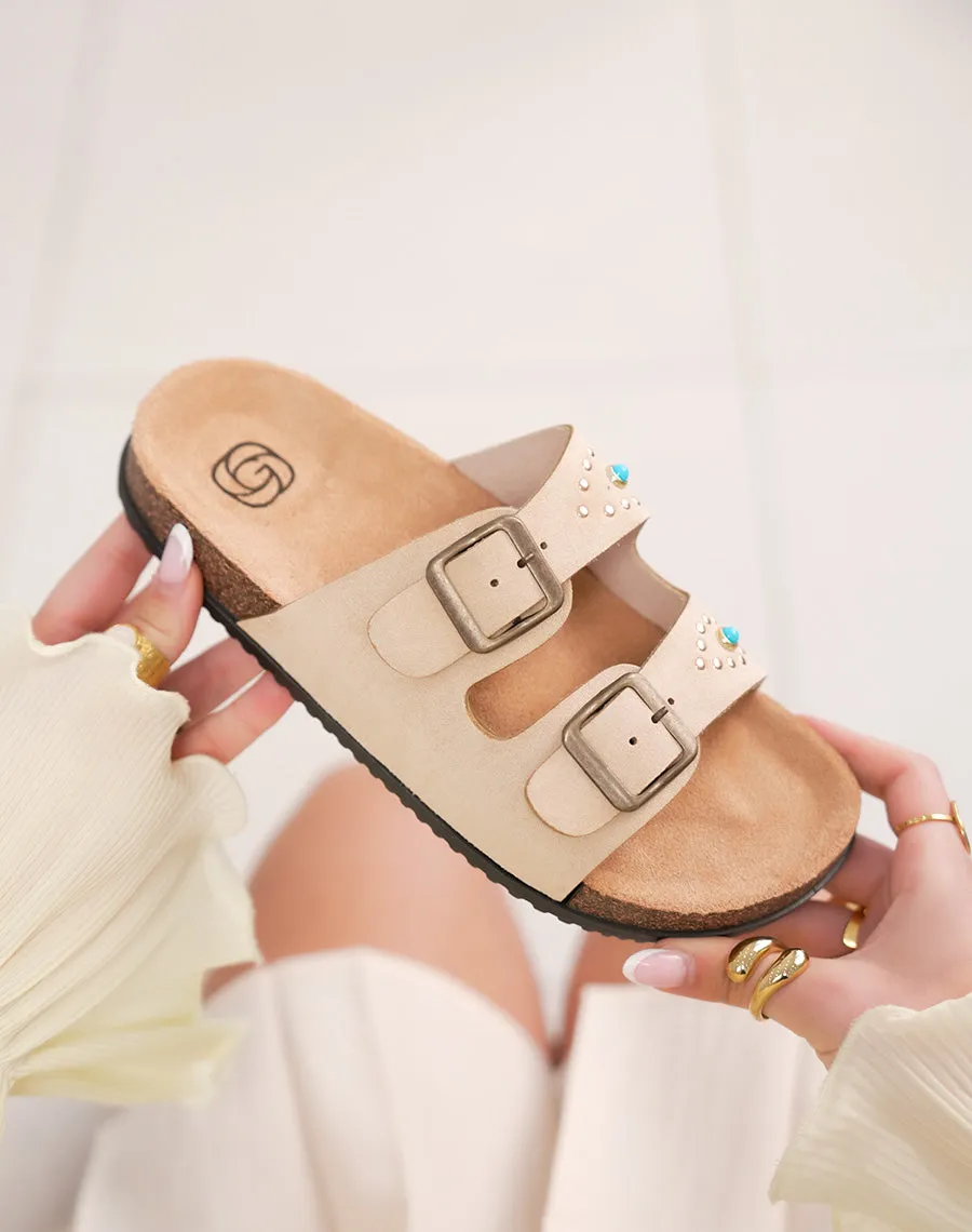 Mules femme beige confort avec brides à bijoux œil doré et bleu