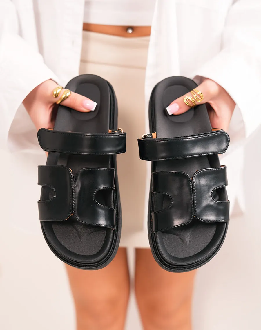 Mules femme noires à bride en H avec scratch ajustable et plateforme épaisse