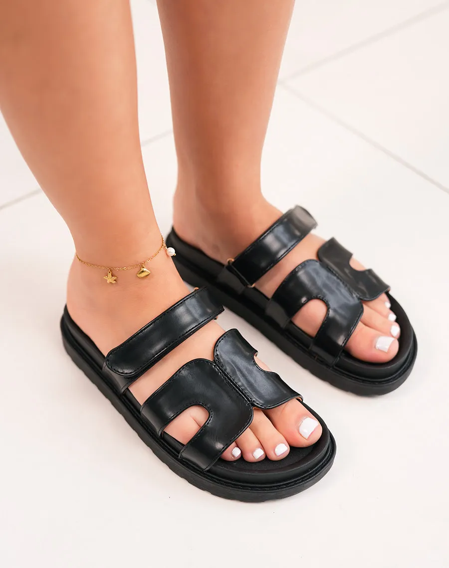 Mules femme noires à bride en H avec scratch ajustable et plateforme épaisse
