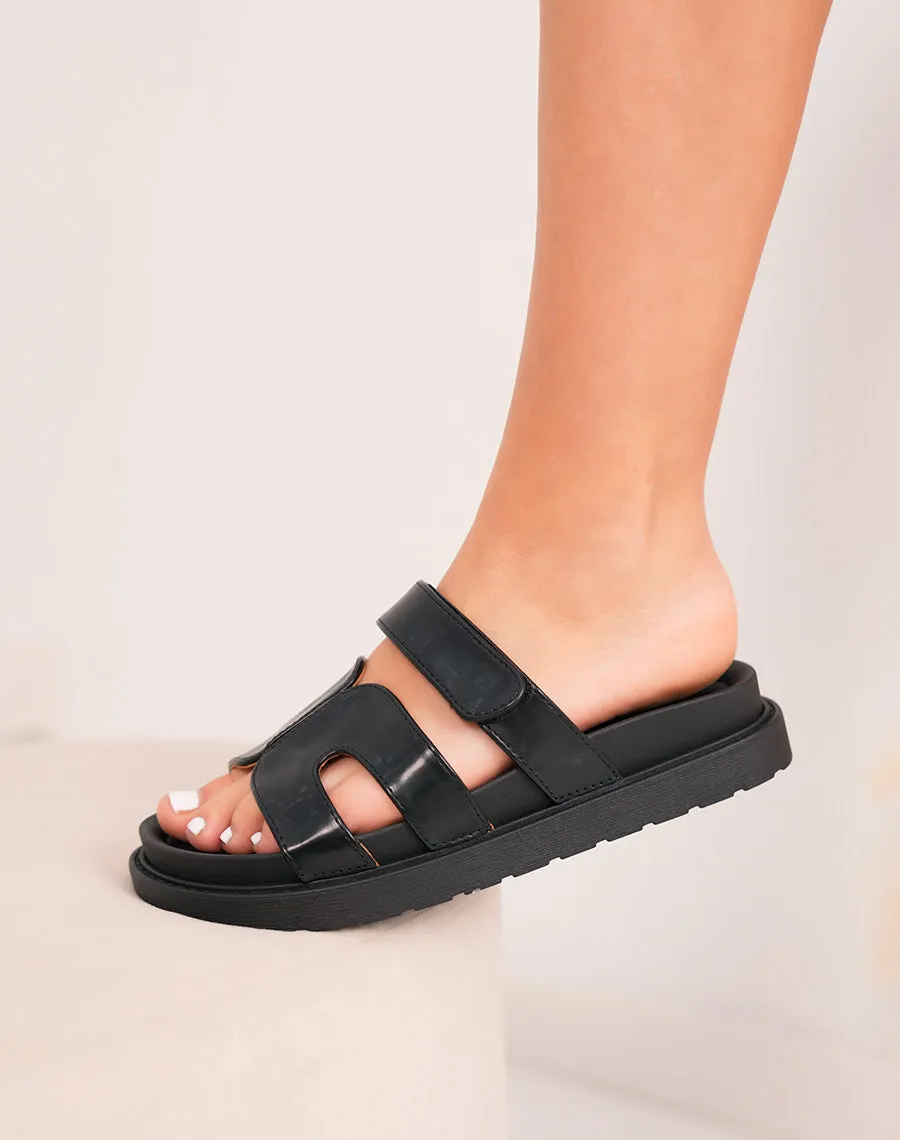 Mules femme noires à bride en H avec scratch ajustable et plateforme épaisse