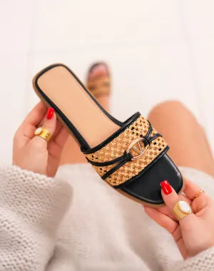 Mules femme noires à bride tissée beige et bijou doré