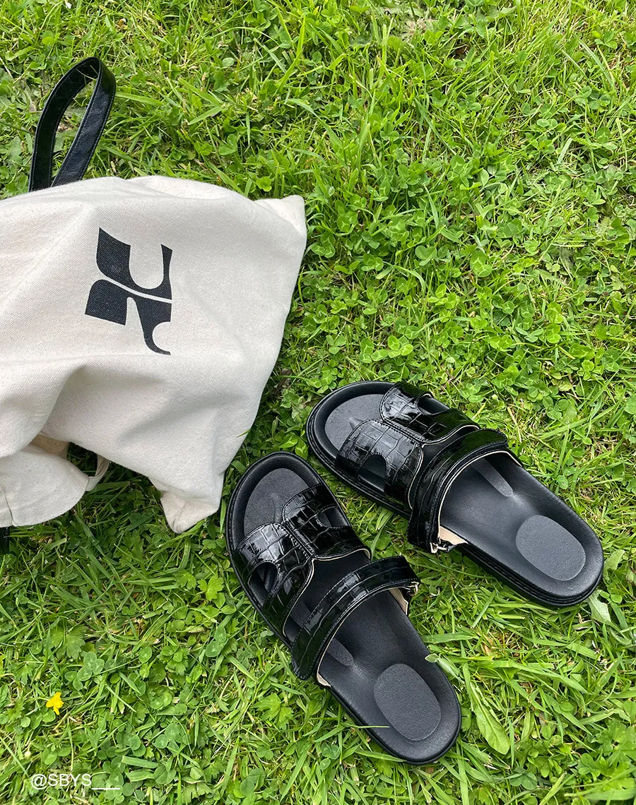 Mules Femme Noires Effet Croco Plateforme Chic avec Lanière Scratch