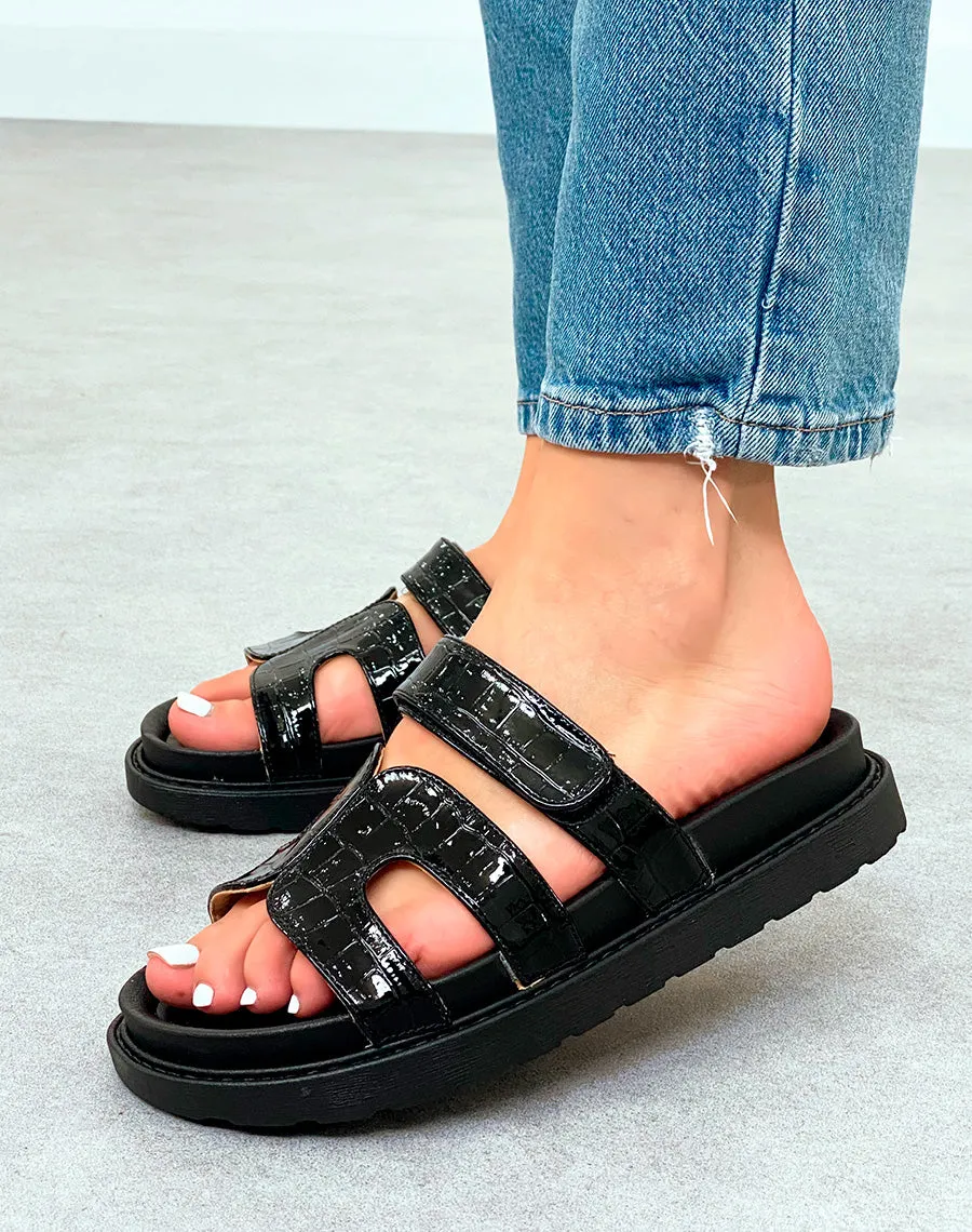 Mules Femme Noires Effet Croco Plateforme Chic avec Lanière Scratch