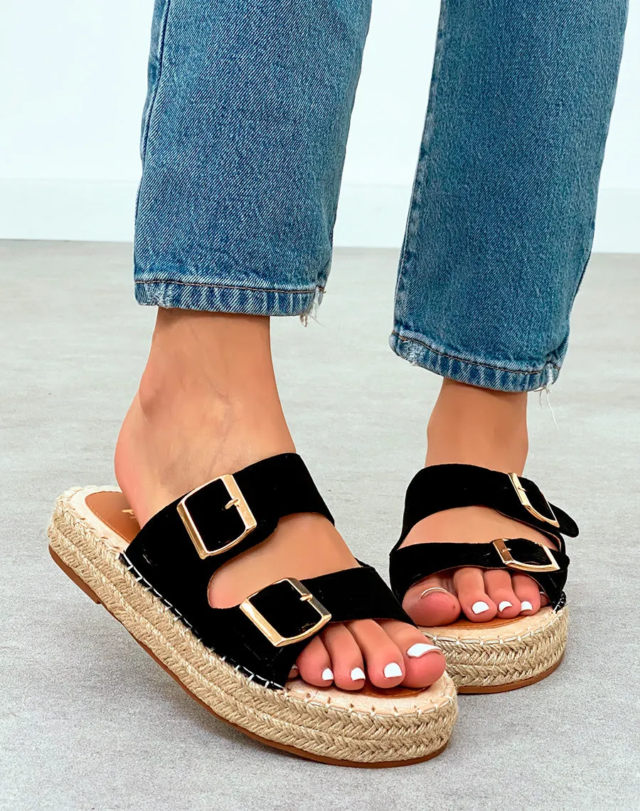 Mules Femme Noires en Suédine avec Semelle en Corde – L'Essentiel Chic et Confortable