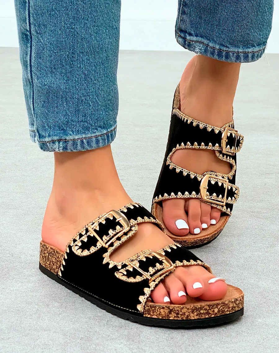 Mules femmes en suédine noires et motifs beiges à semelle épaisse marron