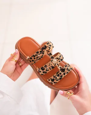 Mules FINDLAY femme effet léopard à triple brides avec clous dorés et bijou soleil, semelle crantée