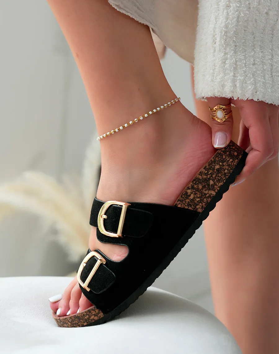 Mules Noires en Suédine avec Double Sangle et Semelle Compensée Marron – Allure Chic au Quotidien