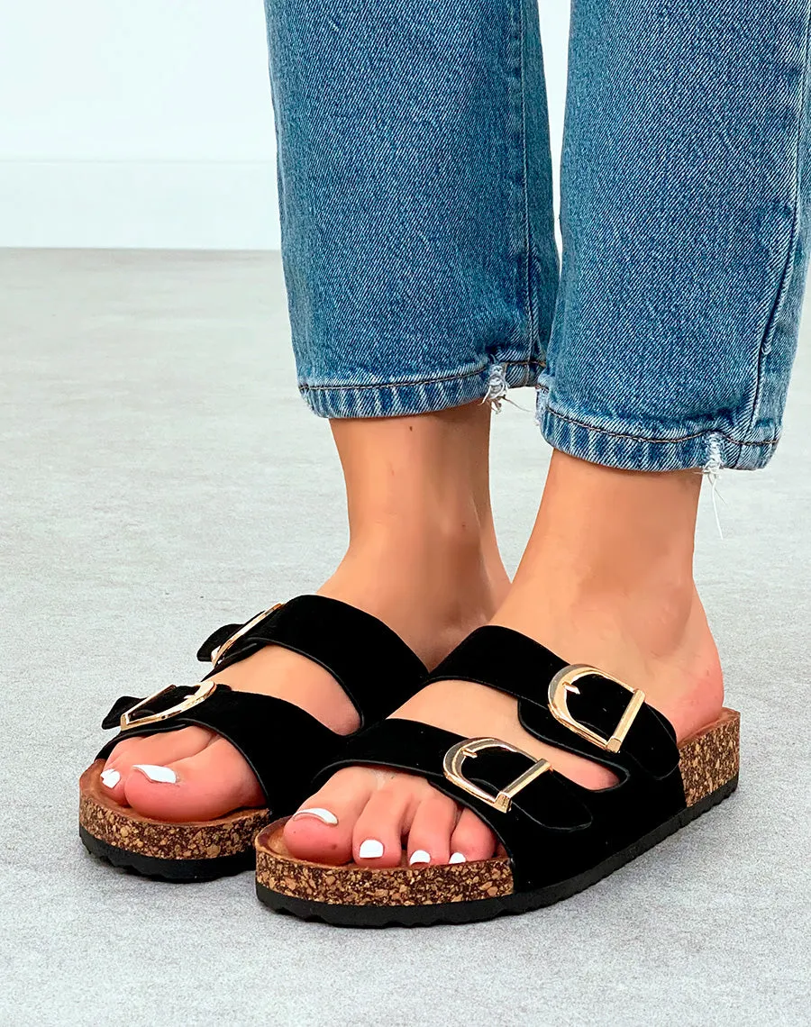 Mules Noires en Suédine avec Double Sangle et Semelle Compensée Marron – Allure Chic au Quotidien