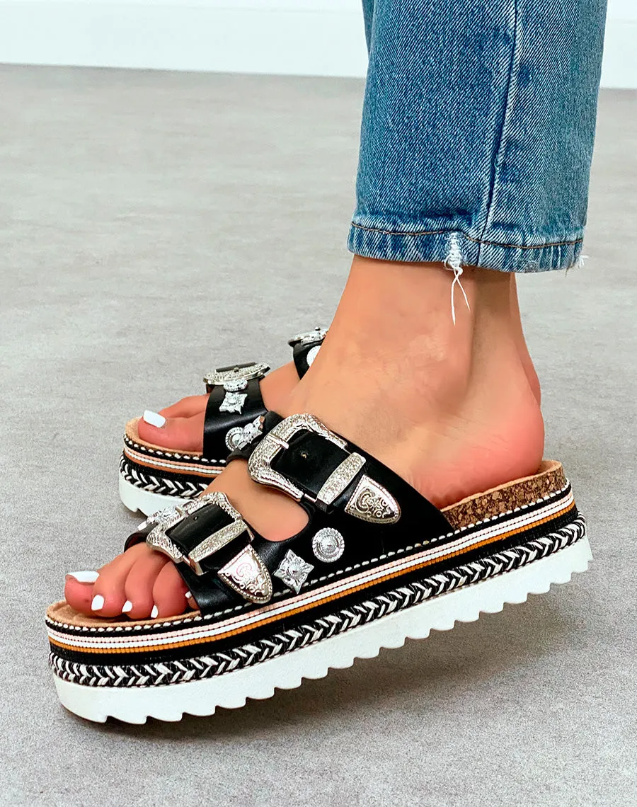 Mules Plateforme Femme Noires Bijoux Argentés et Tissage Ethnique