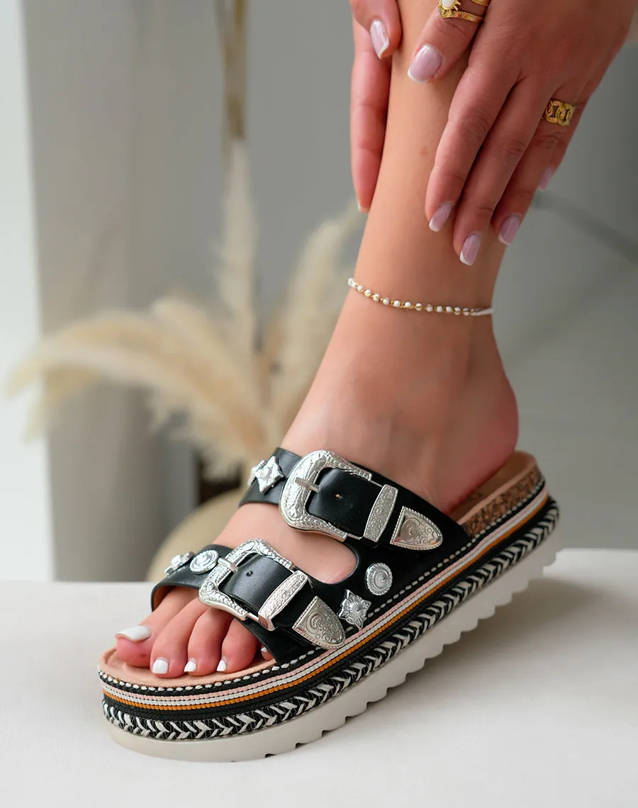 Mules Plateforme Femme Noires Bijoux Argentés et Tissage Ethnique