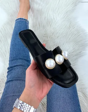 Mules plates noires perlées