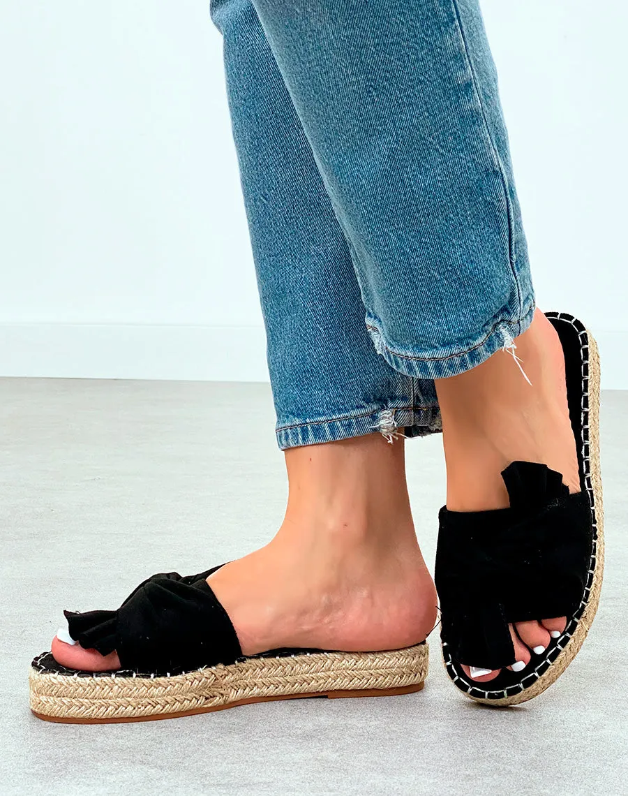 Mules Tendance en Suédine Noire avec Semelle en Corde et Nœud Décoratif