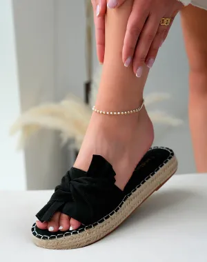 Mules Tendance en Suédine Noire avec Semelle en Corde et Nœud Décoratif