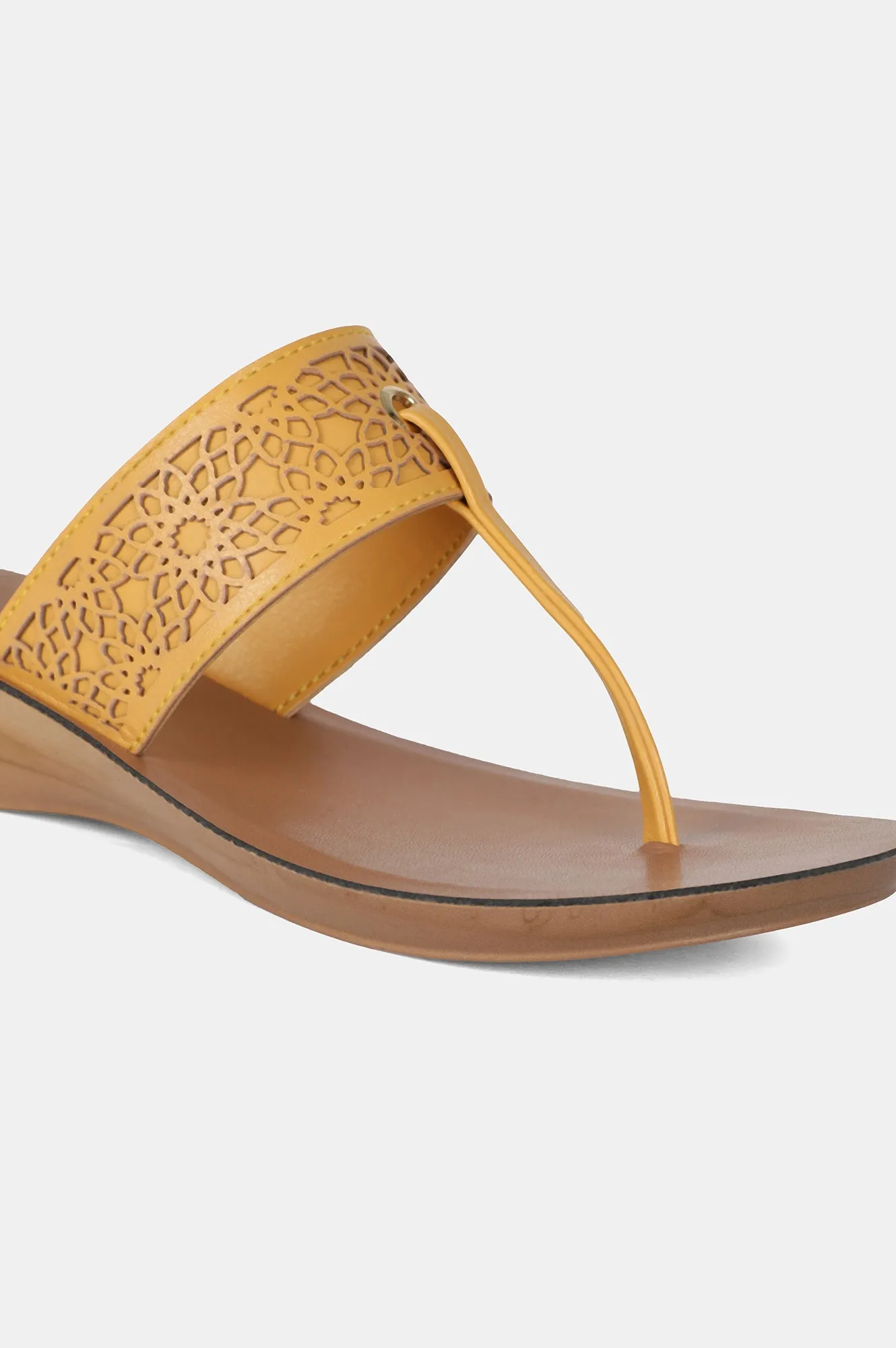 Mustard Almond Toe Laser Cut Wedge - ZCynthia