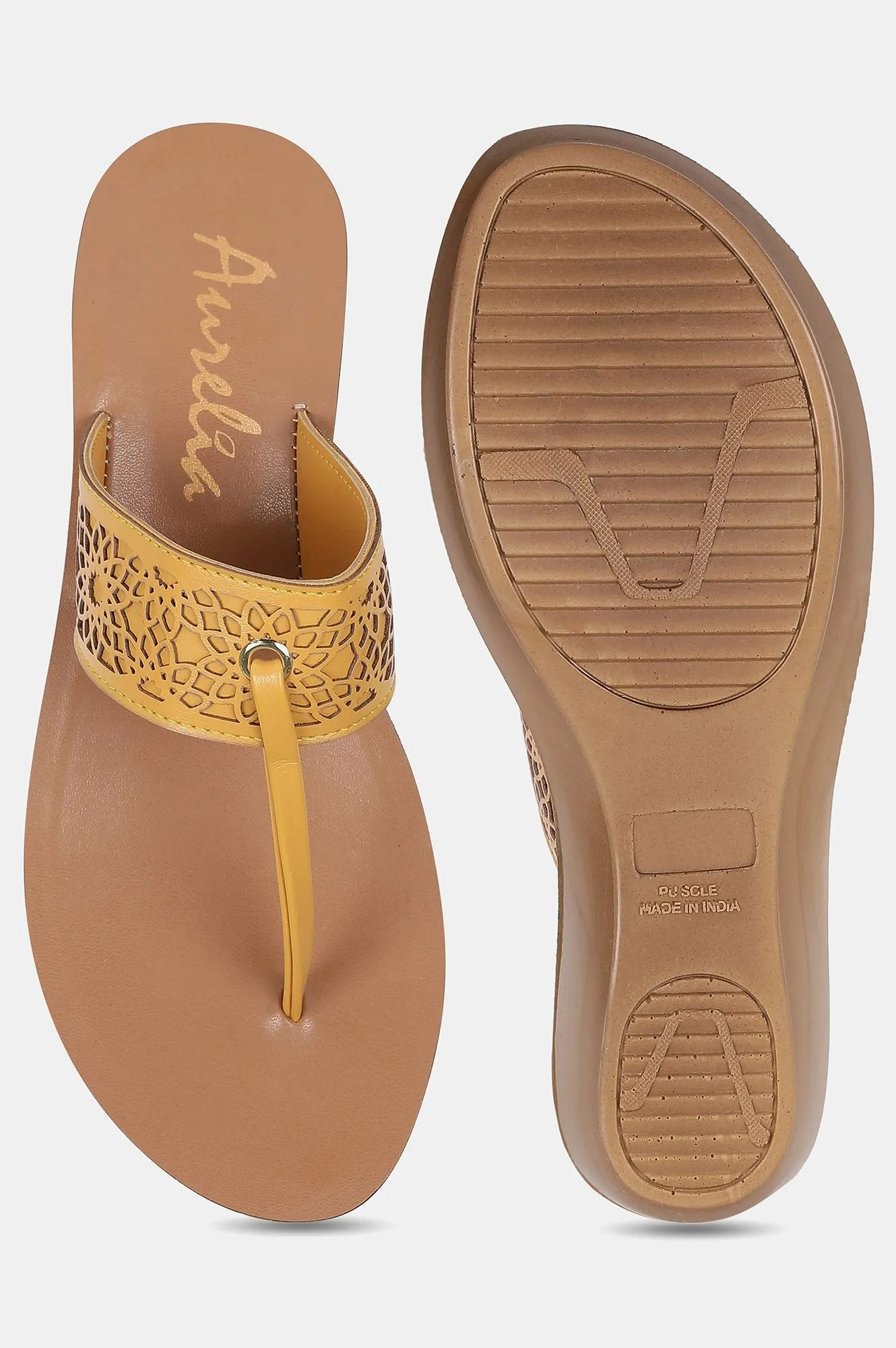 Mustard Almond Toe Laser Cut Wedge - ZCynthia