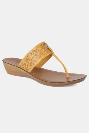 Mustard Almond Toe Laser Cut Wedge - ZCynthia