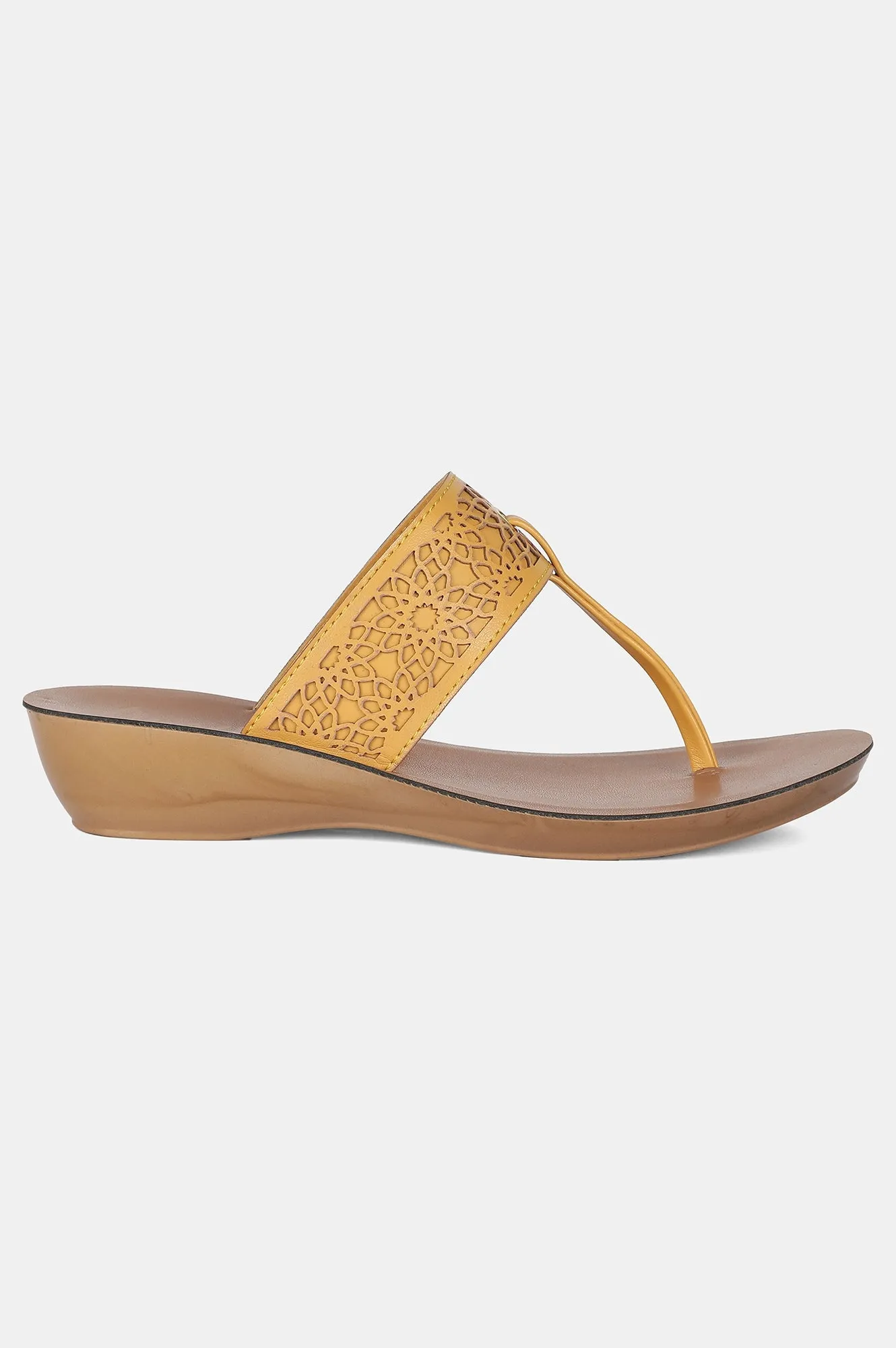 Mustard Almond Toe Laser Cut Wedge - ZCynthia