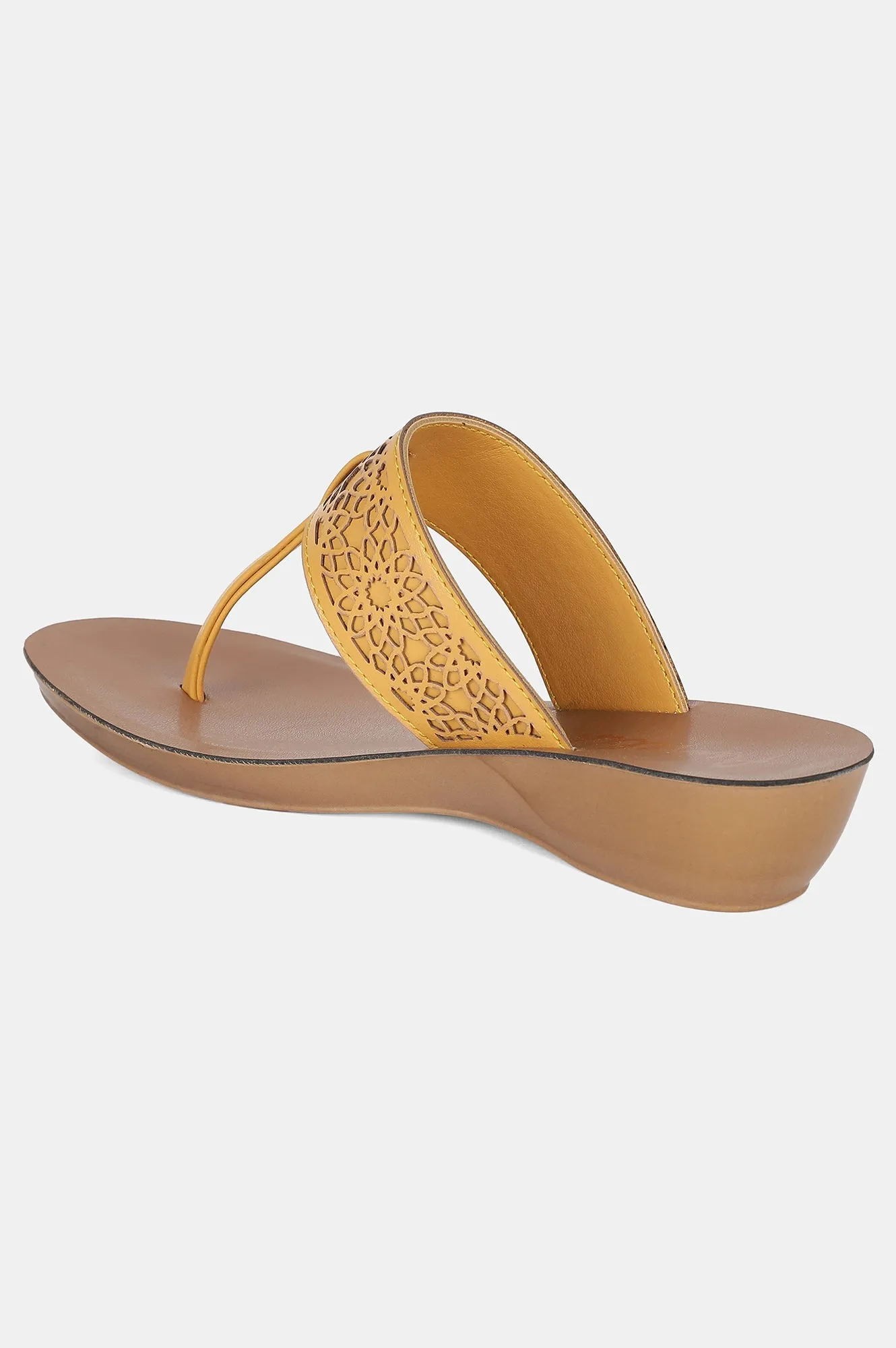 Mustard Almond Toe Laser Cut Wedge - ZCynthia