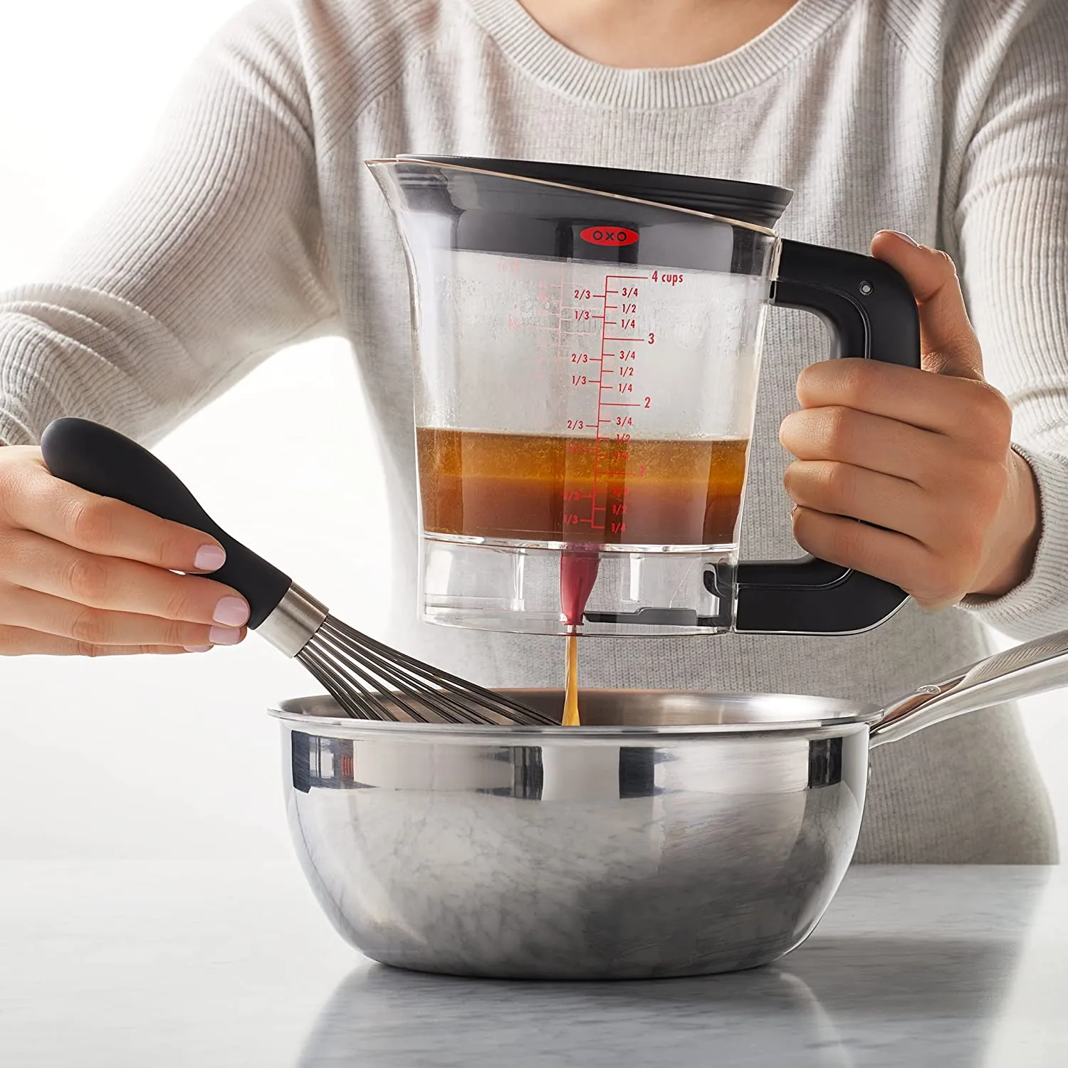 New OXO Good Grips Good Gravy Fat Separator, 4-Cup, healthier gravy (soups and sauces) are just a squeeze away