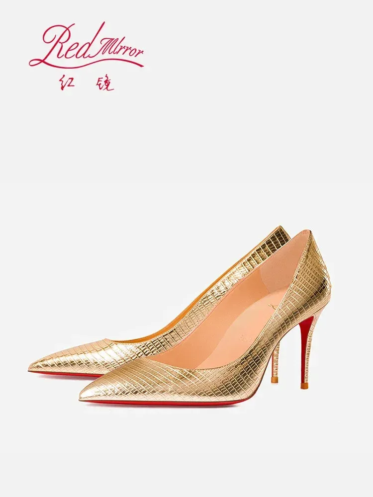 New Red Bottom Lizard Pattern Embossed Gold Pointed Shallow Mouth Fine Heel Sexy Banquet Dress High Heels Single Shoes