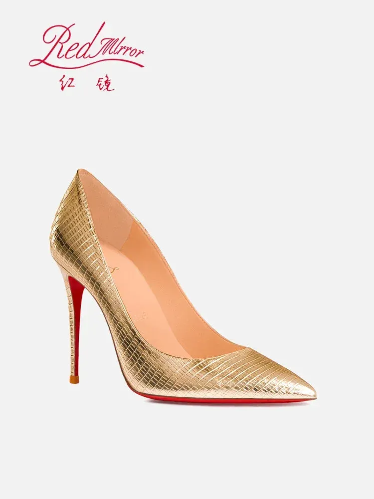 New Red Bottom Lizard Pattern Embossed Gold Pointed Shallow Mouth Fine Heel Sexy Banquet Dress High Heels Single Shoes