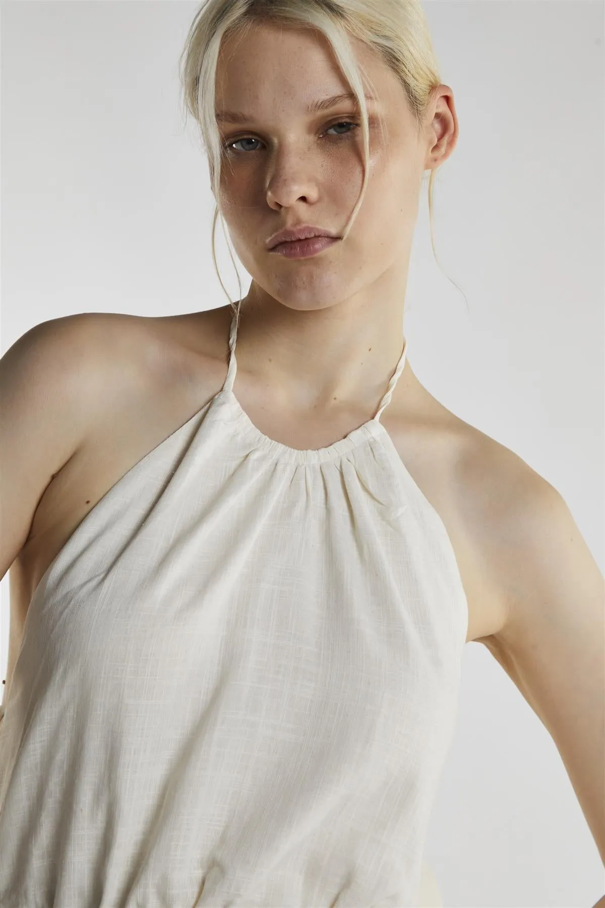 Off White Linen Halter-Neck  Mini-Dress