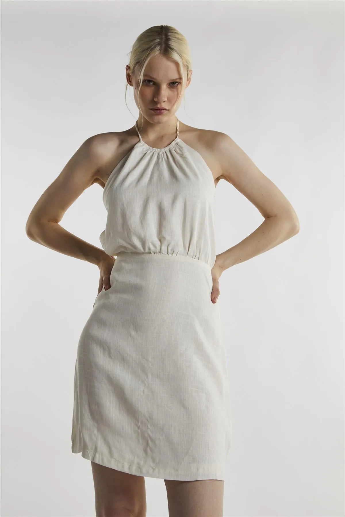 Off White Linen Halter-Neck  Mini-Dress