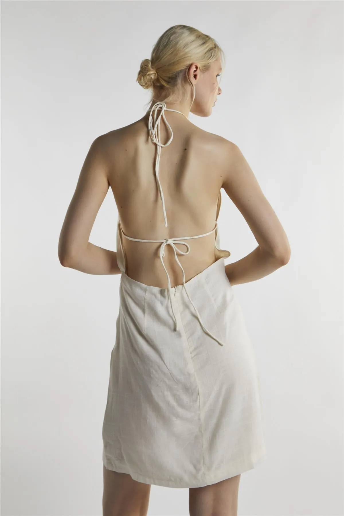 Off White Linen Halter-Neck  Mini-Dress