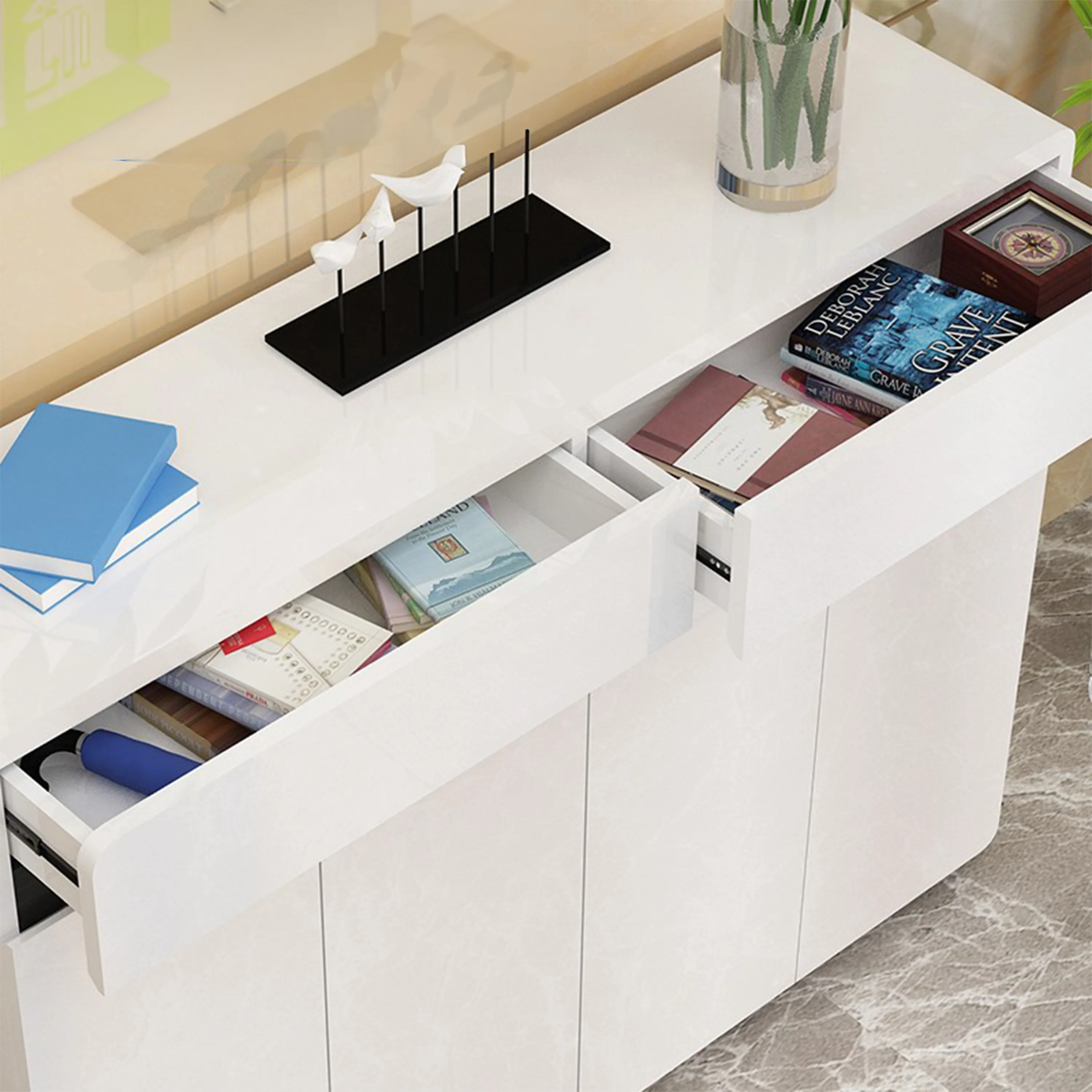 Padua 4 Door Shoe Cabinet With 2 Drawers, White, 1200x315x1000mm