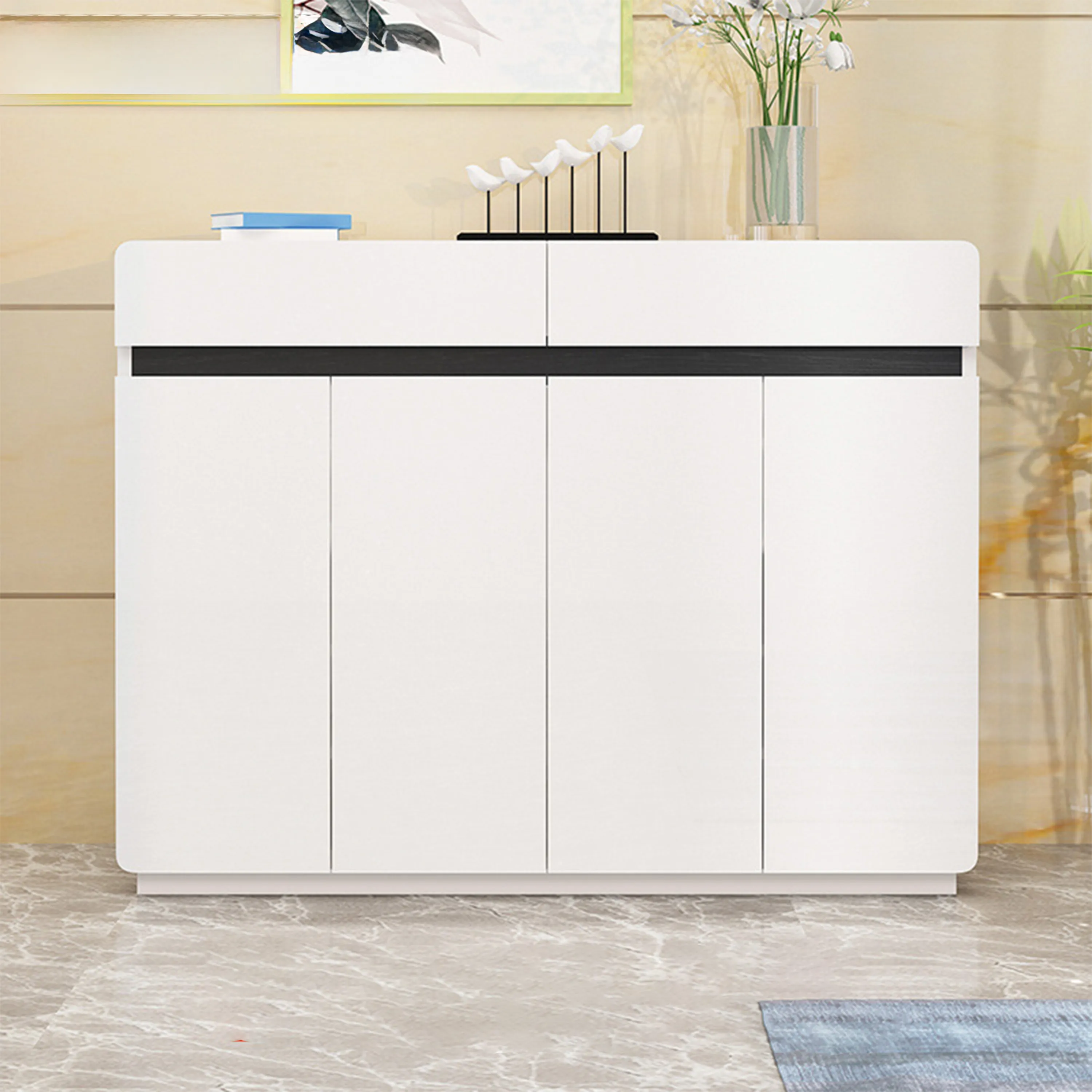Padua 4 Door Shoe Cabinet With 2 Drawers, White, 1200x315x1000mm