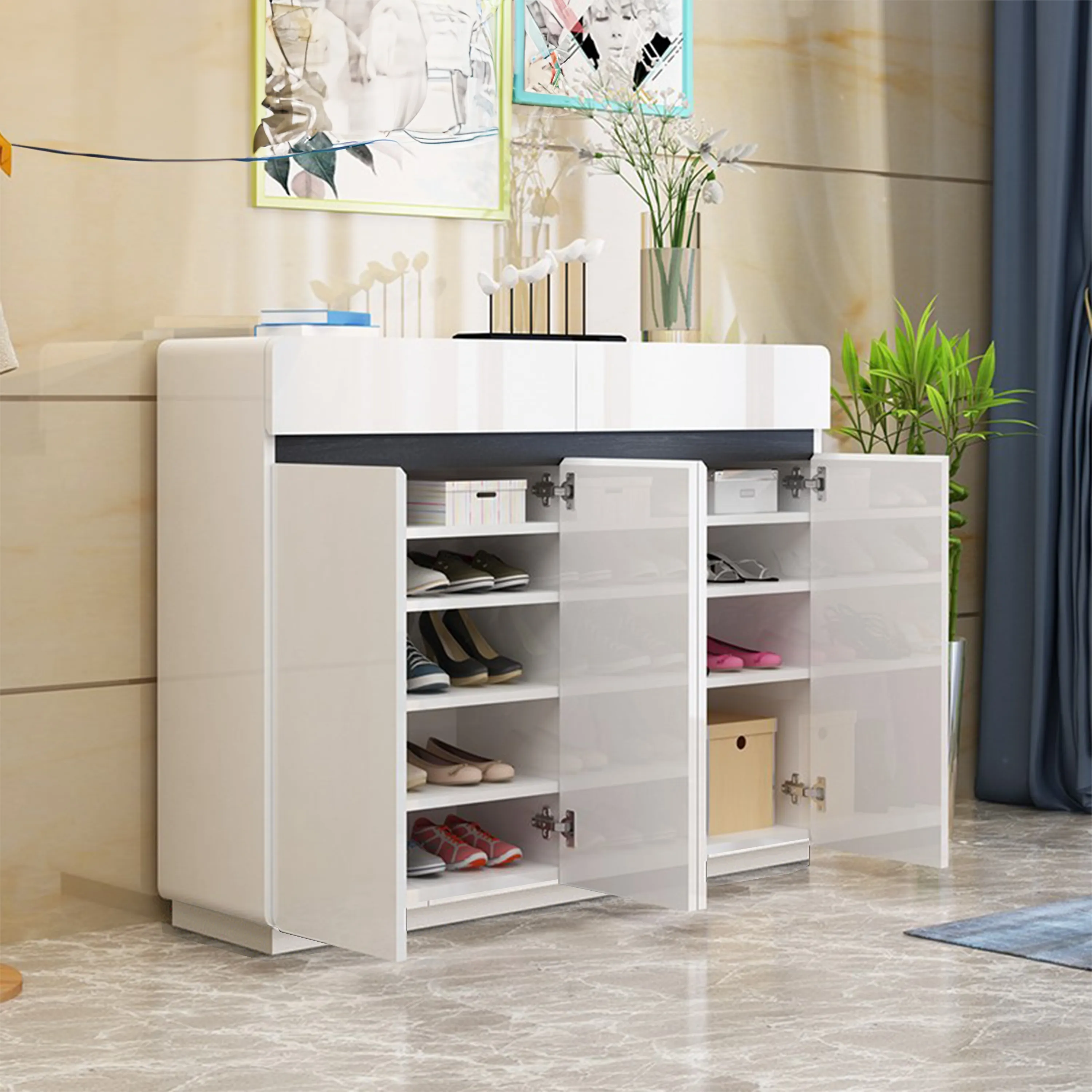 Padua 4 Door Shoe Cabinet With 2 Drawers, White, 1200x315x1000mm