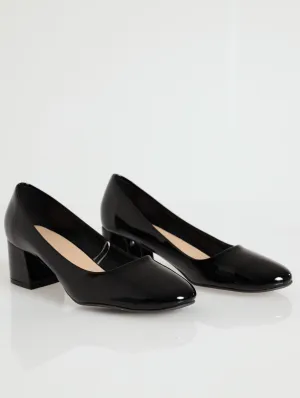 Patent Almond Toe Low Block Heel - Black