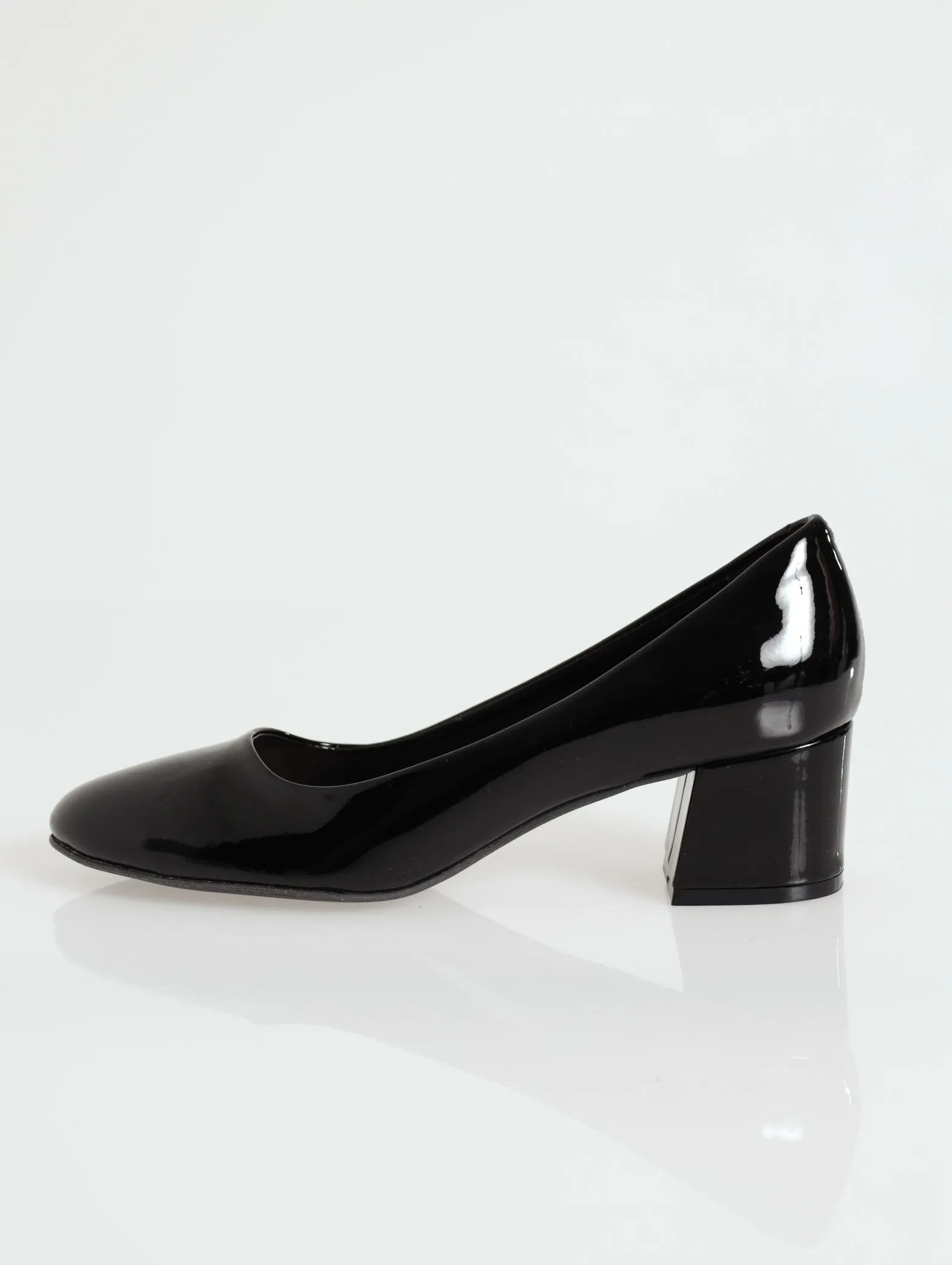 Patent Almond Toe Low Block Heel - Black
