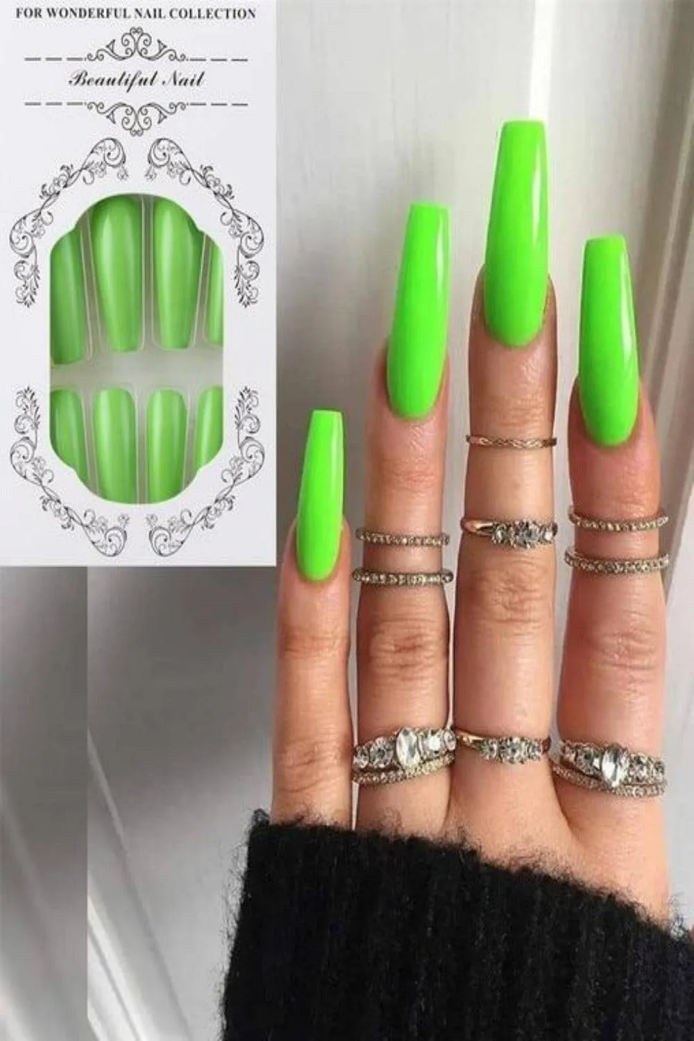 Press On Nails Matte Glossy Neon French Tip Coffin Nail Kit