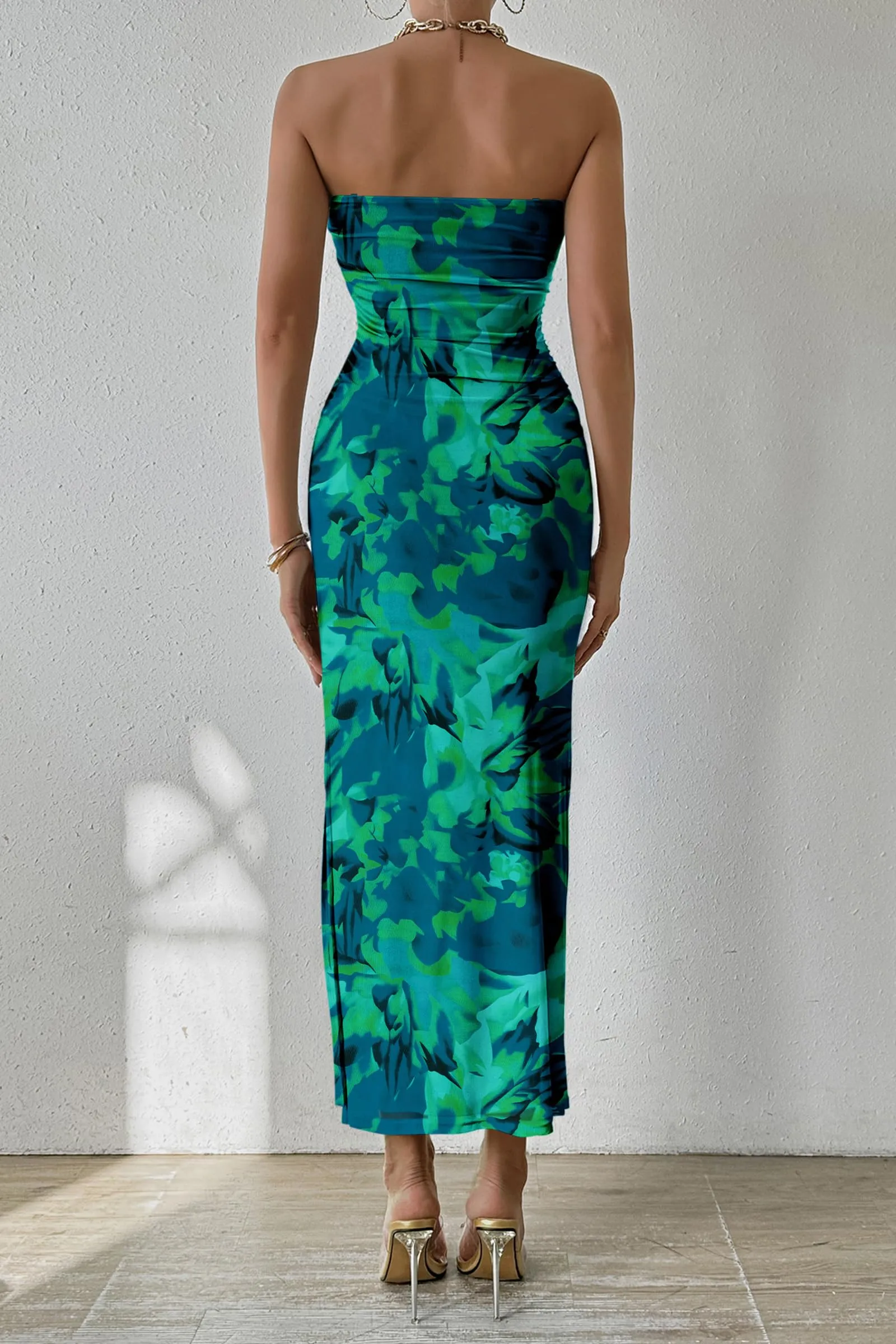 PRETTYGARDEN Women's Summer Maxi Bodycon Dresses Strapless Tube Top Printed Long Party Club Slit Dress (Green Big Floral,Medium)
