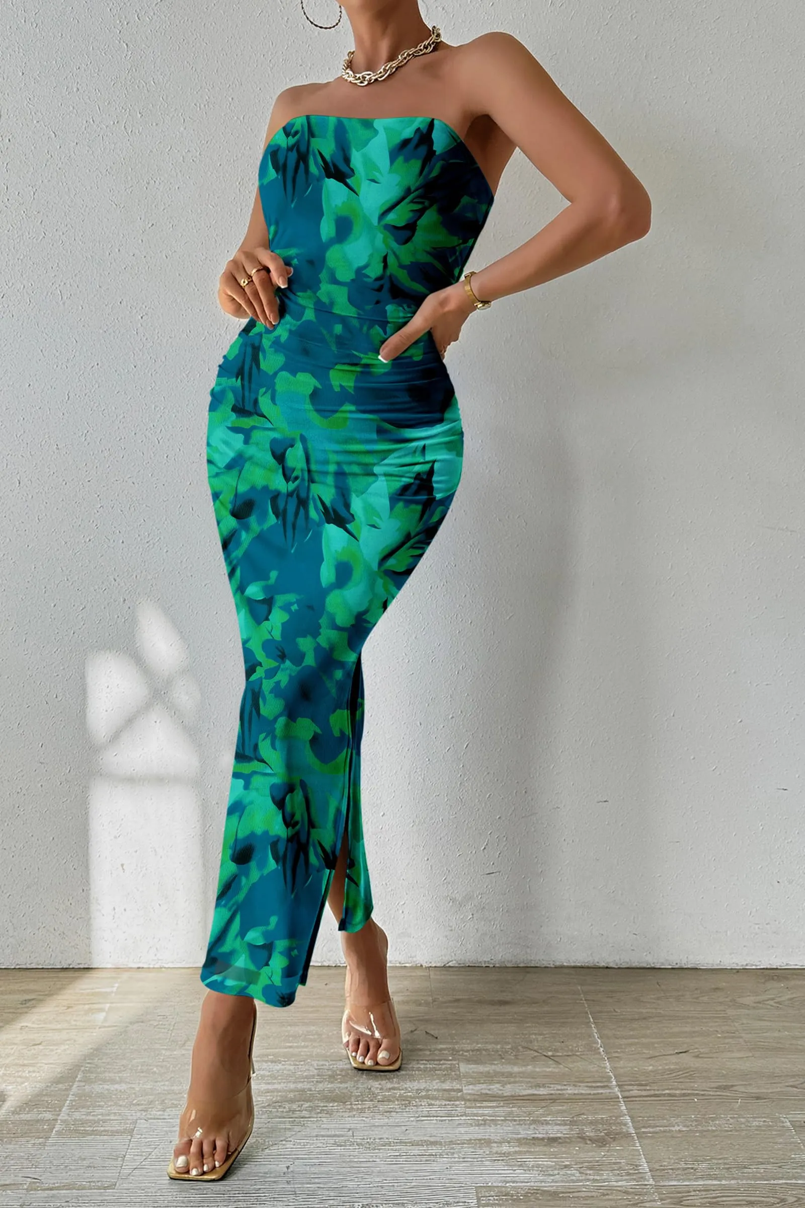PRETTYGARDEN Women's Summer Maxi Bodycon Dresses Strapless Tube Top Printed Long Party Club Slit Dress (Green Big Floral,Medium)