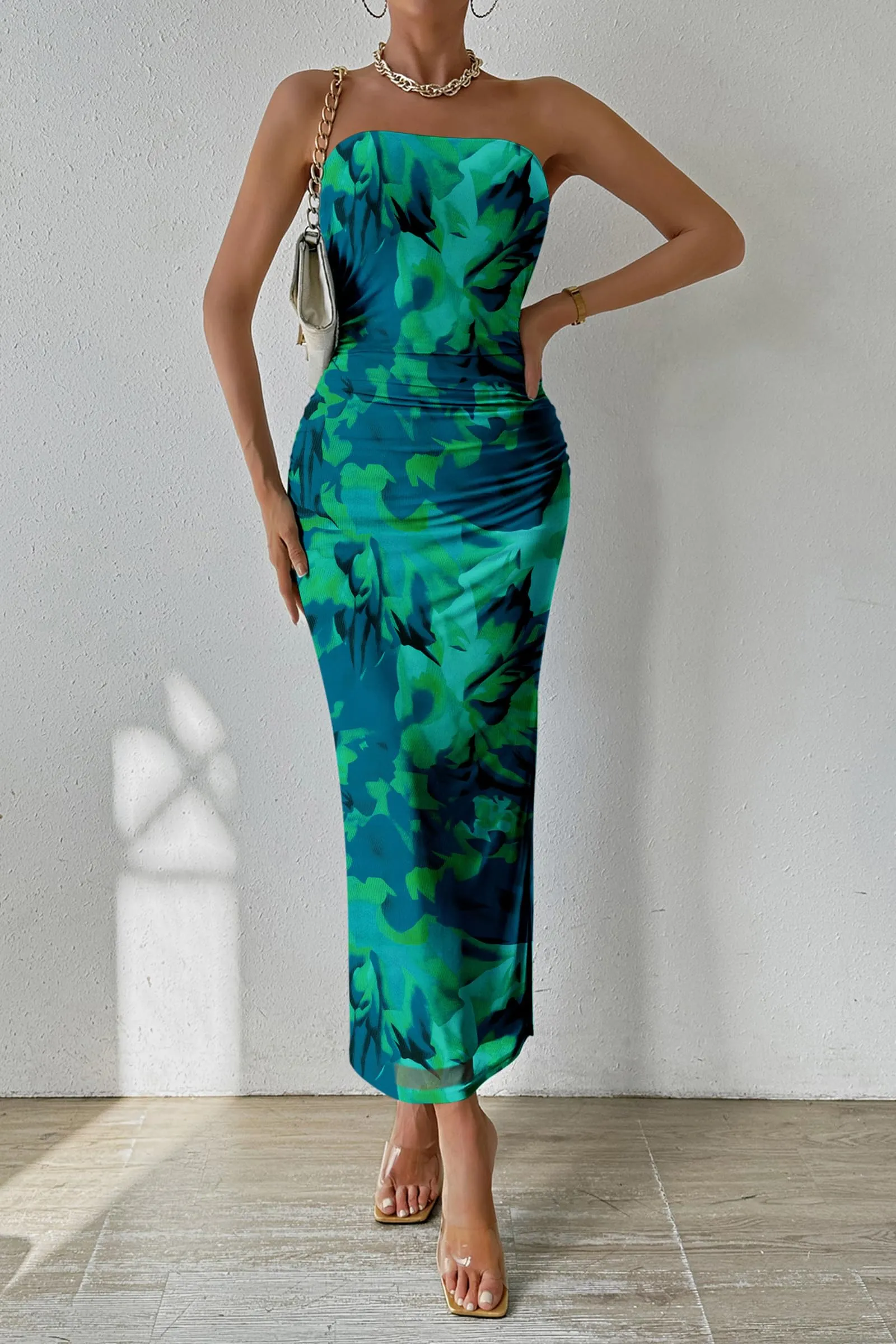 PRETTYGARDEN Women's Summer Maxi Bodycon Dresses Strapless Tube Top Printed Long Party Club Slit Dress (Green Big Floral,Medium)