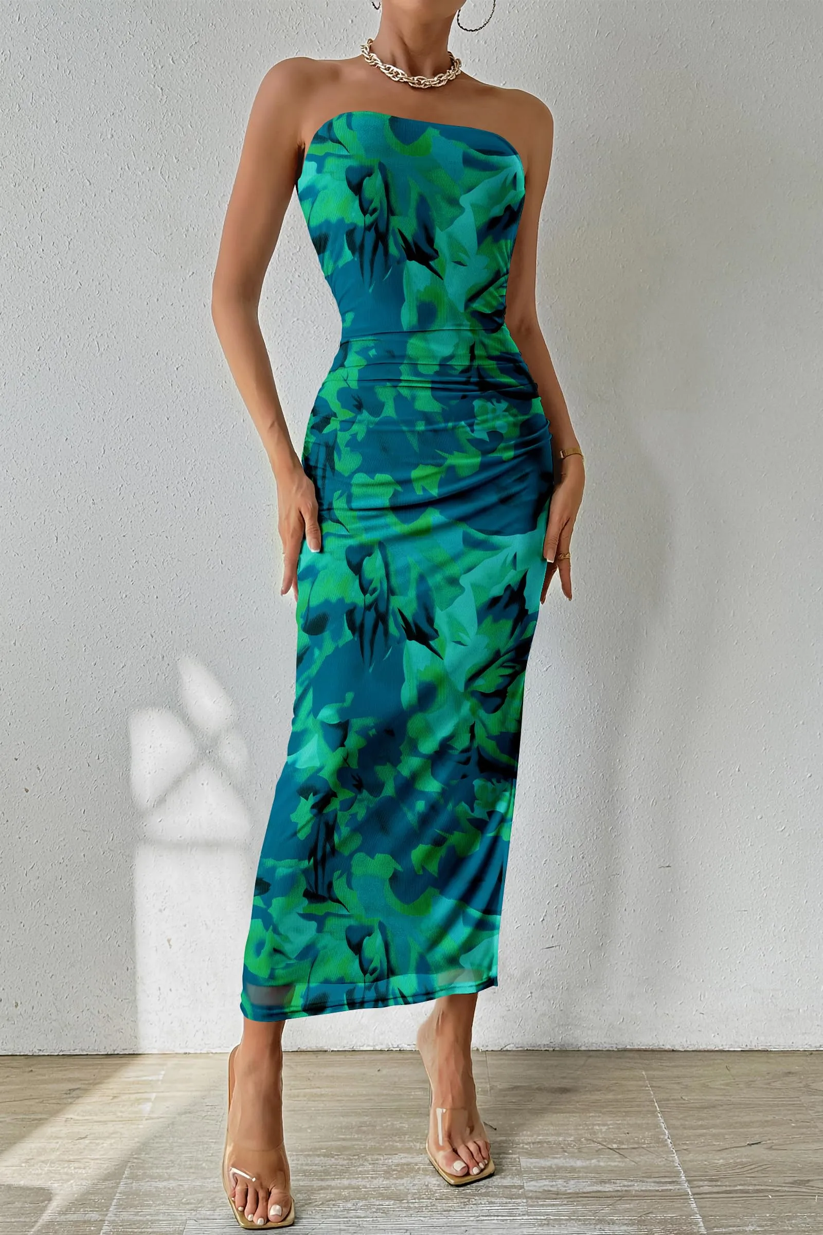 PRETTYGARDEN Women's Summer Maxi Bodycon Dresses Strapless Tube Top Printed Long Party Club Slit Dress (Green Big Floral,Medium)