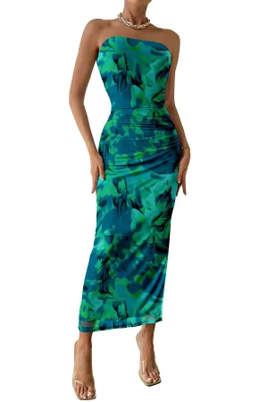PRETTYGARDEN Women's Summer Maxi Bodycon Dresses Strapless Tube Top Printed Long Party Club Slit Dress (Green Big Floral,Medium)