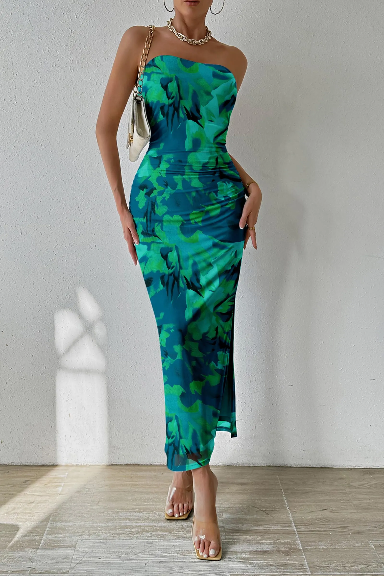PRETTYGARDEN Women's Summer Maxi Bodycon Dresses Strapless Tube Top Printed Long Party Club Slit Dress (Green Big Floral,Medium)