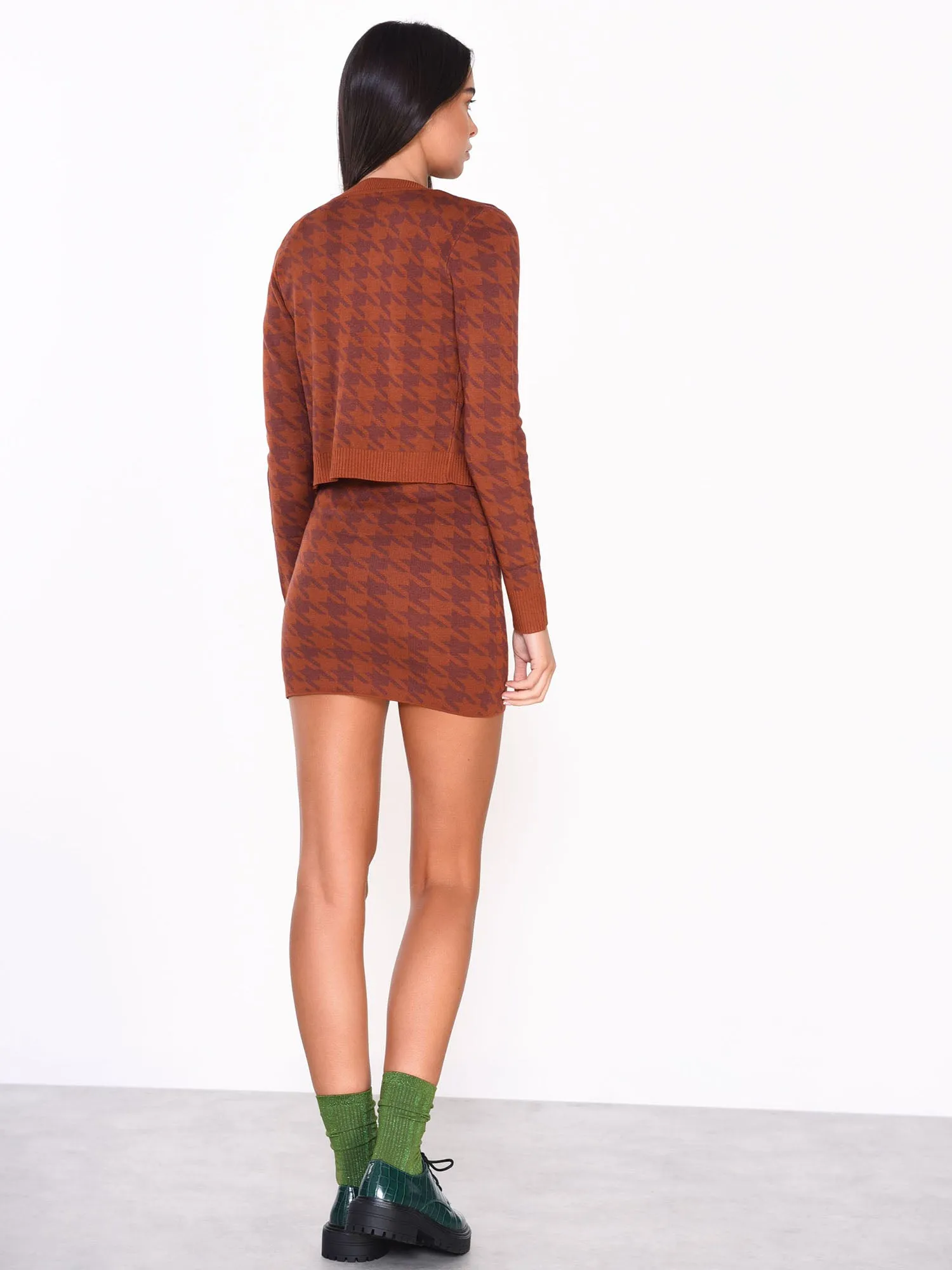 Rust Houndstooth Print Cardigan