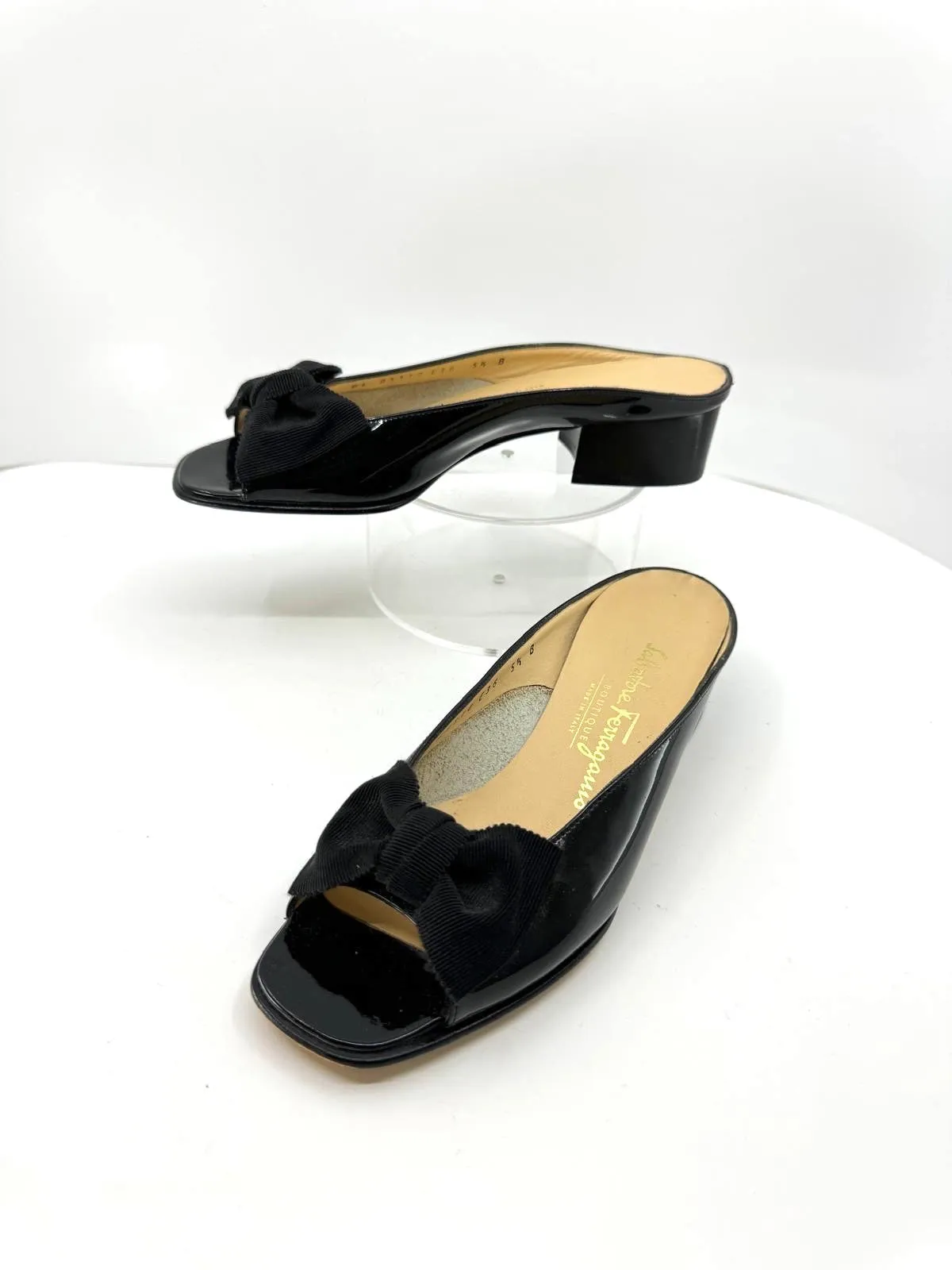 SALVATORE FERRAGAMO PATENT LEATHER BOW MULES