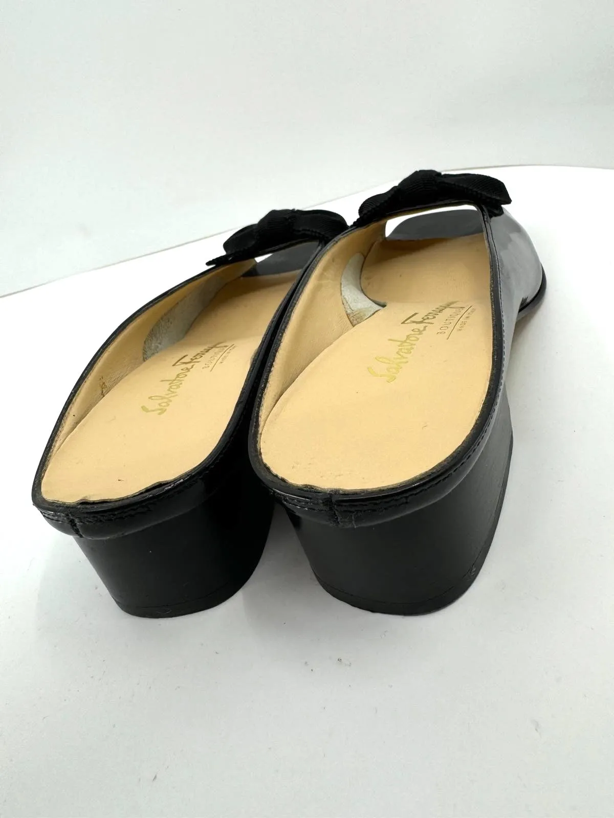 SALVATORE FERRAGAMO PATENT LEATHER BOW MULES