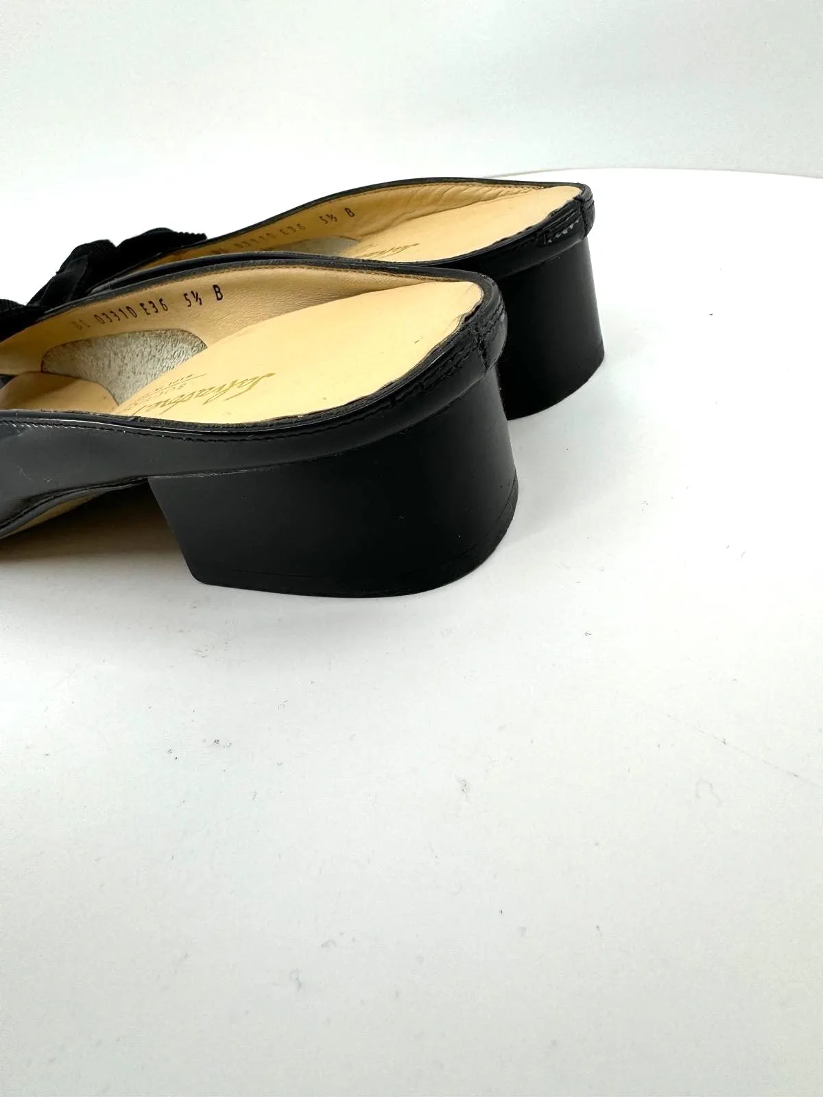 SALVATORE FERRAGAMO PATENT LEATHER BOW MULES