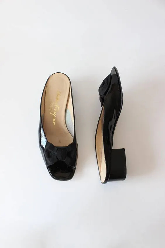 SALVATORE FERRAGAMO PATENT LEATHER BOW MULES