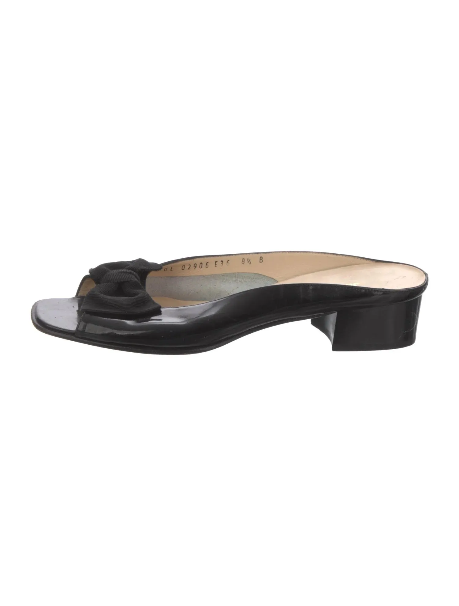 SALVATORE FERRAGAMO PATENT LEATHER BOW MULES