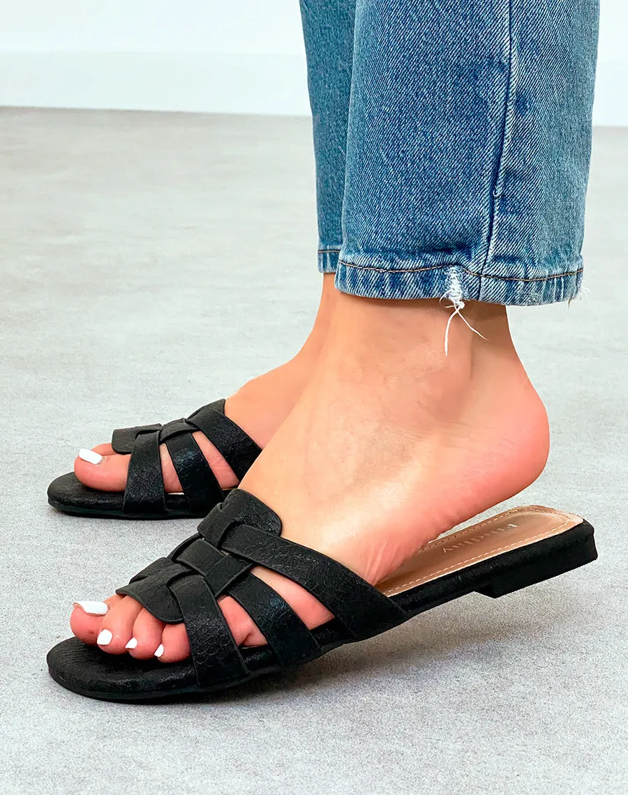 Sandales Mules Femme Noires à Brides Entrecroisées et Effet Croco