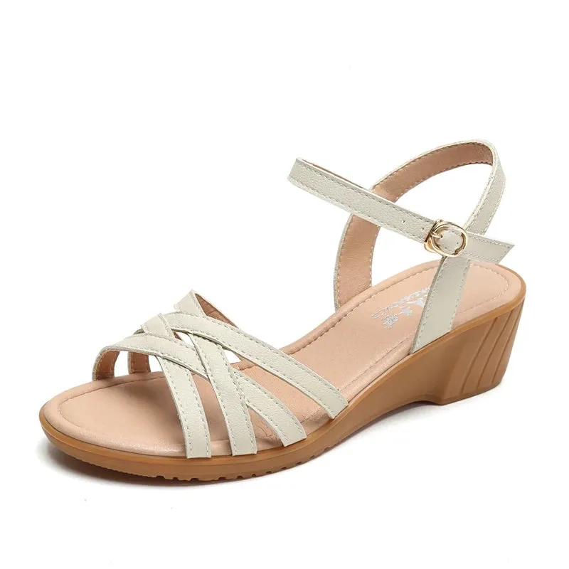 Summer Orthopedic Sandals Woman Wedge Mid Heel Elegant Womens Sandals Soft Bottom Comfortable Low Heel Shoes for Women Flat New