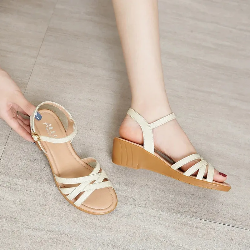 Summer Orthopedic Sandals Woman Wedge Mid Heel Elegant Womens Sandals Soft Bottom Comfortable Low Heel Shoes for Women Flat New