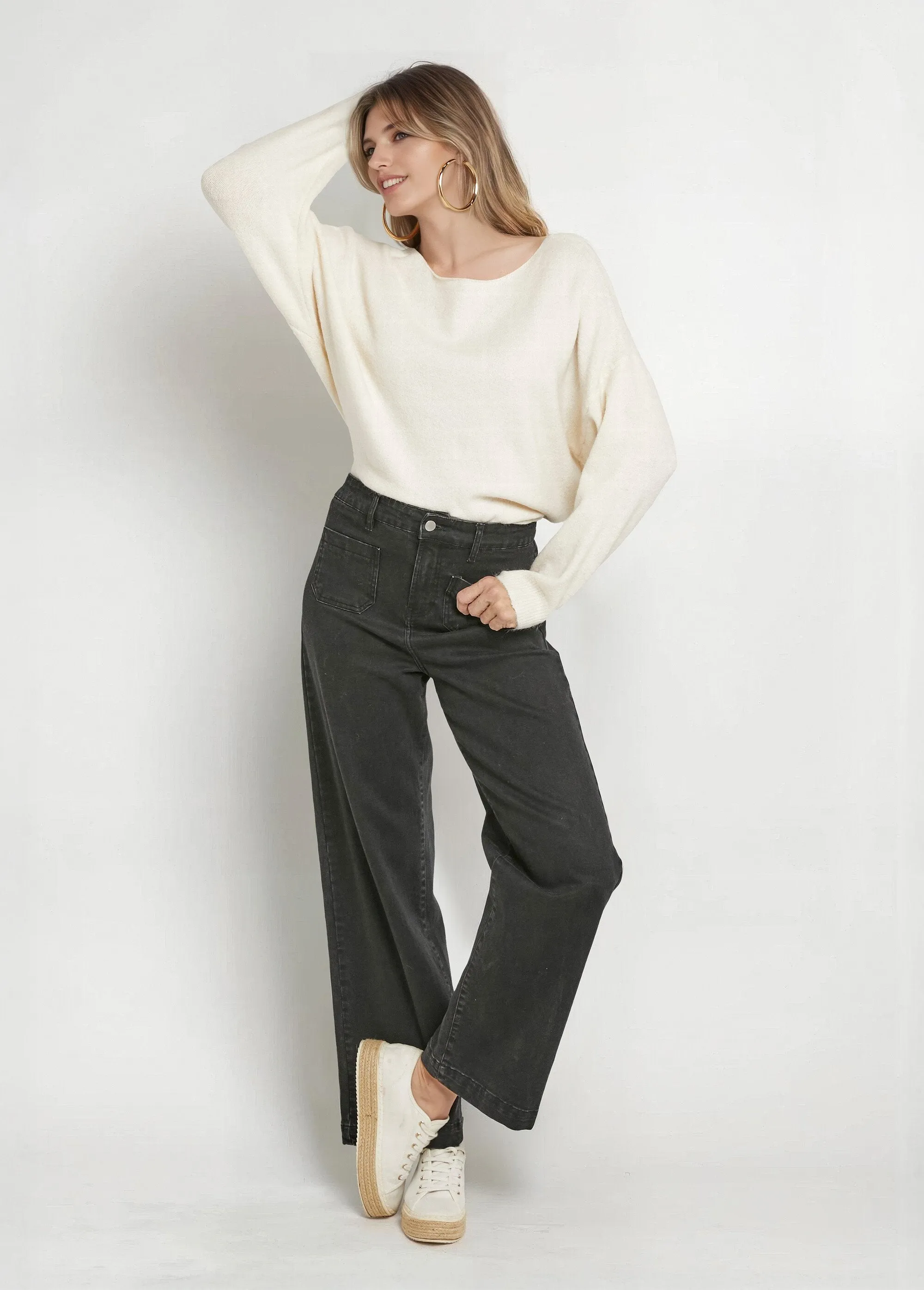 Warm wool sweater with boat neckline